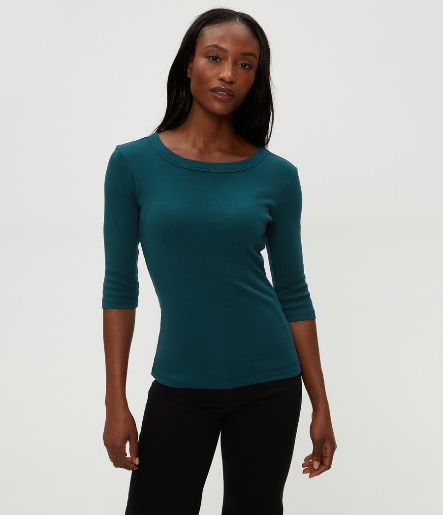 Dot 3/4 Sleeve Tee in RAINFOREST GREEN Combo Close up View #RAINFOREST