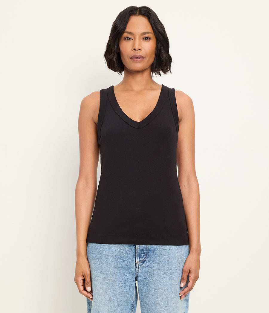 Maya V-Neck Tank in Black Full Body View  #BLACK