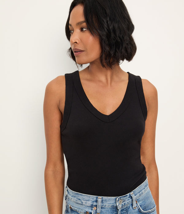 Maya V-Neck Tank in Black Close up View #BLACK