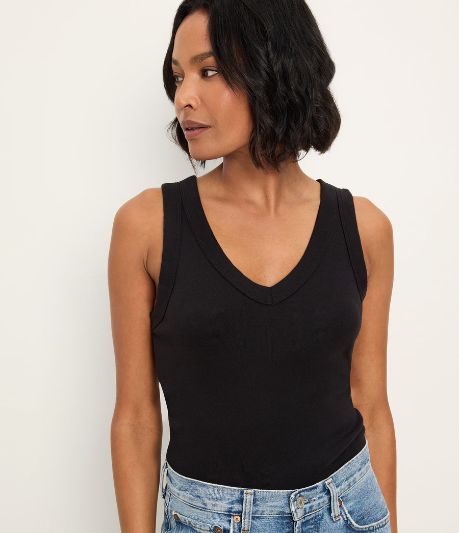 Maya V-Neck Tank in Black Close up View #BLACK