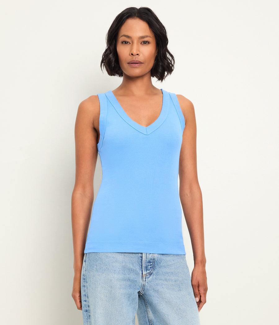 Maya V-Neck Tank in BABY BLUE Blue Close up View #BLUE RIBBON