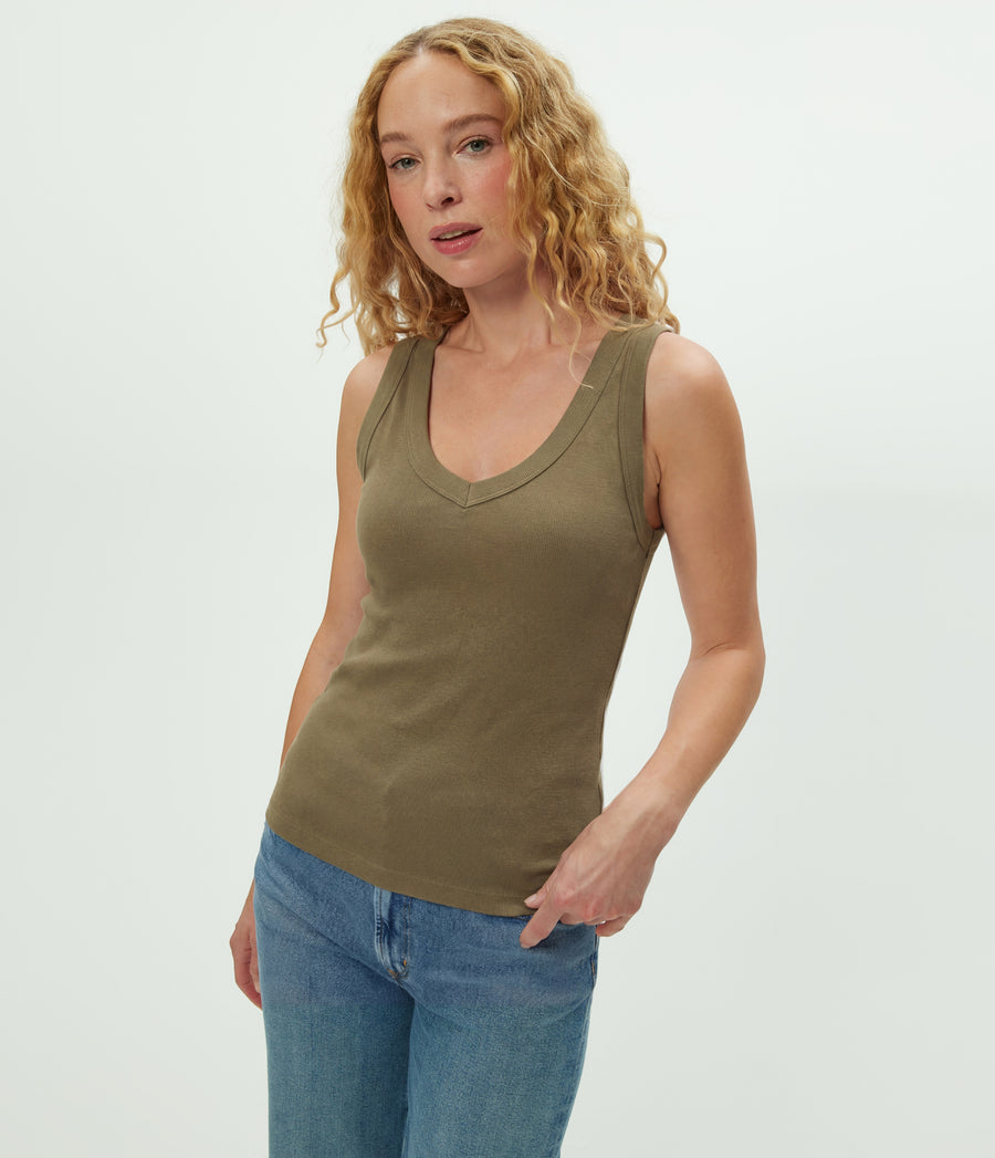 Maya V-Neck Tank in CAPER Green Close up View #CAPER