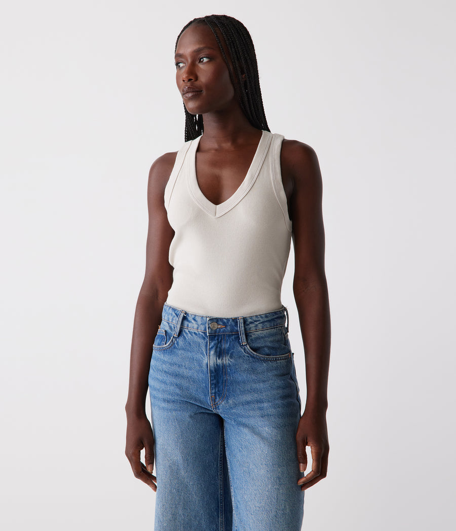Maya V-Neck Tank in Cement Beige - Close View Full Body View #CEMENT