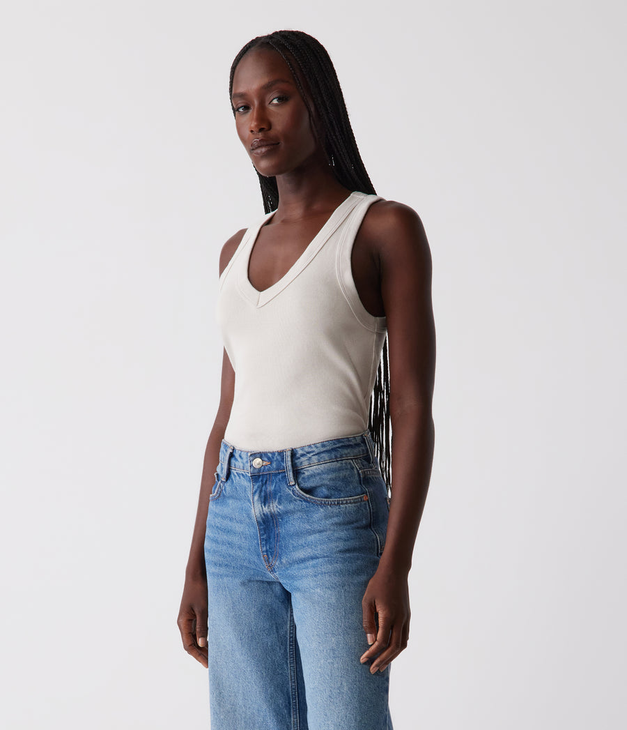 Maya V-Neck Tank in Cement Beige - Side View Back View #CEMENT