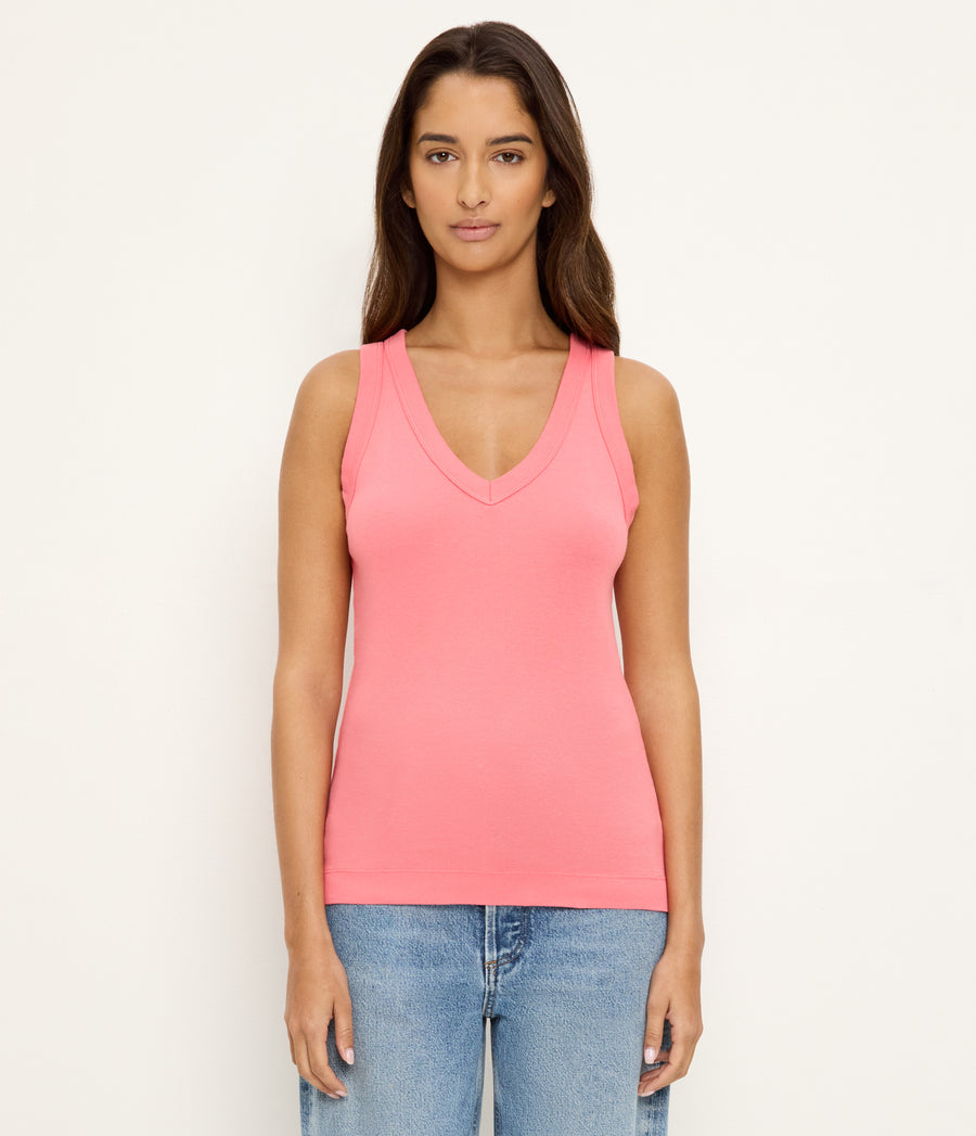 Maya V-Neck Tank in CORAL SHERBET PINK Full Body View #CORAL SHERBET
