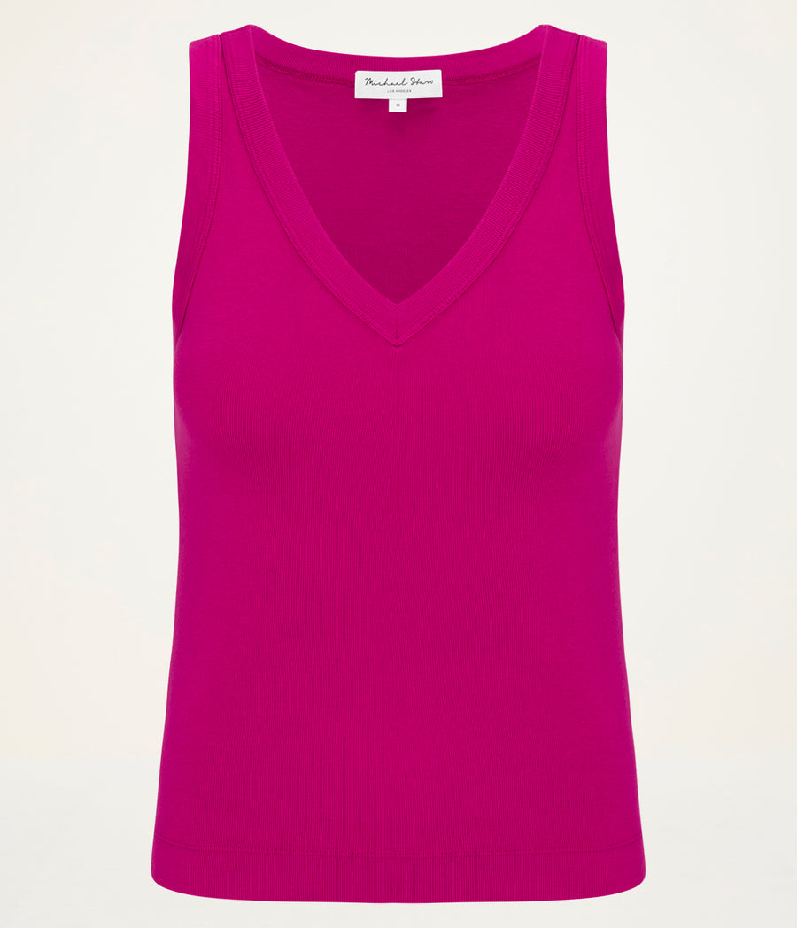 Maya V-Neck Tank in FRENCH ROSE RED Close Up View  #FRENCH ROSE