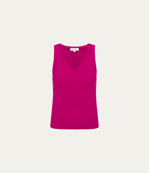 Maya V-Neck Tank in FRENCH ROSE RED Close Up View  #FRENCH ROSE
