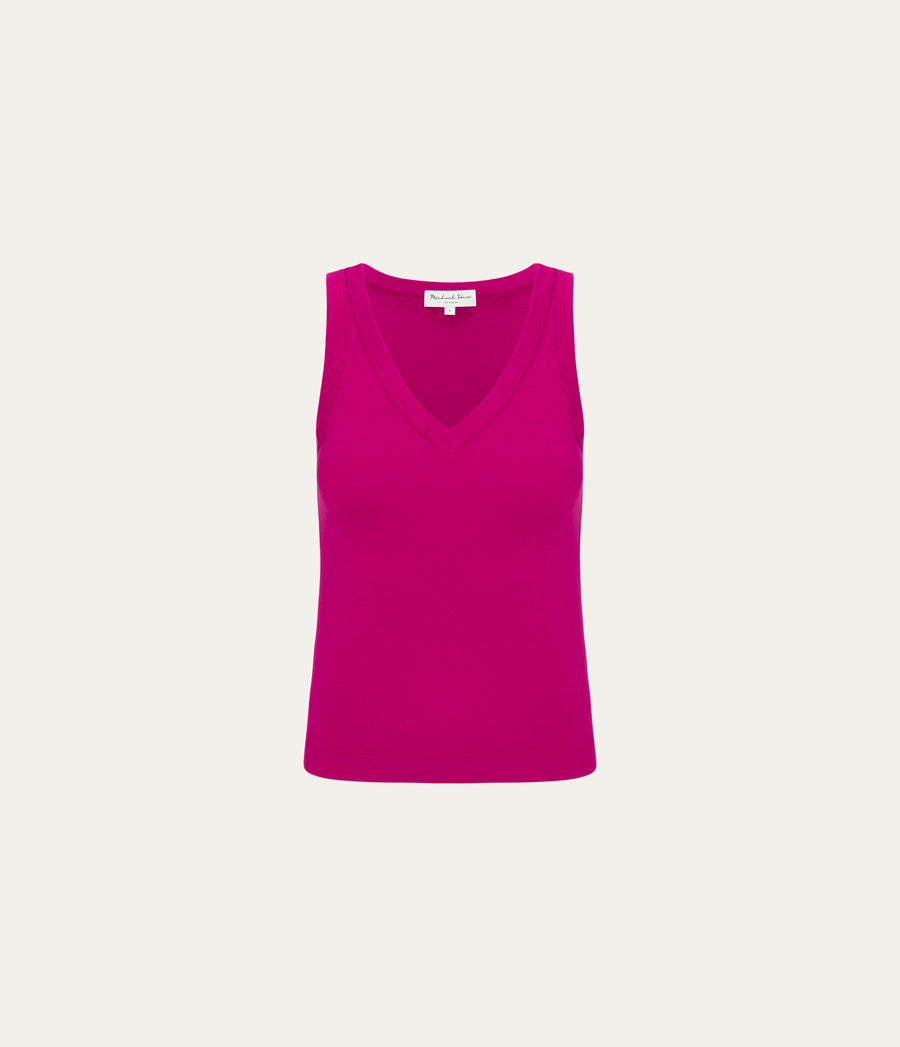 Maya V-Neck Tank in FRENCH ROSE RED Close Up View  #FRENCH ROSE