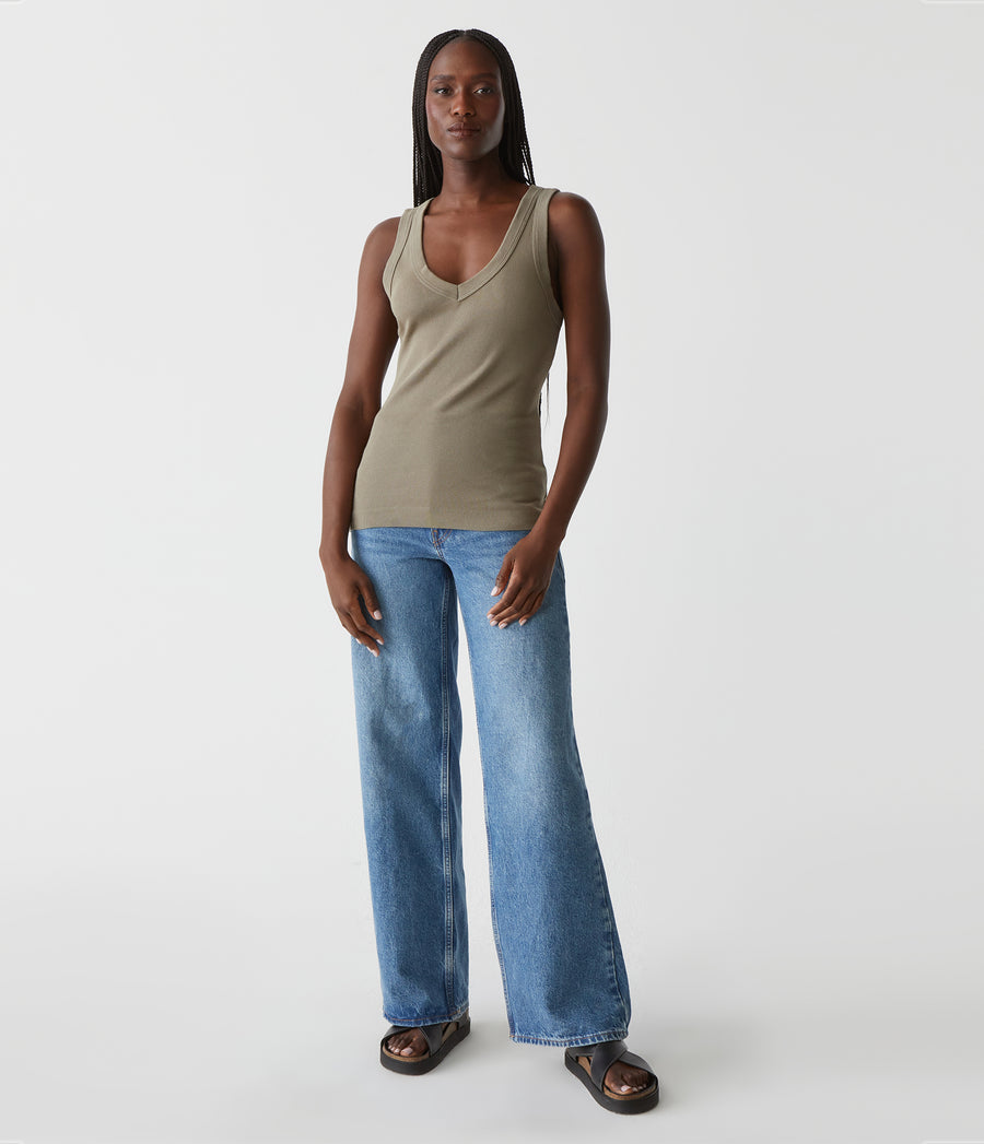 Maya V-Neck Tank in Olive Green Full Body View #OLIVE