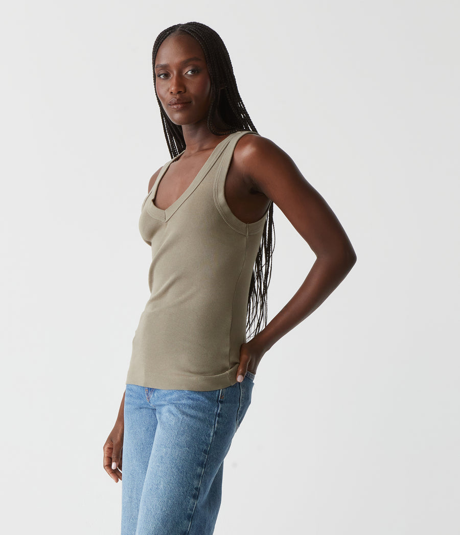 Maya V-Neck Tank in Olive Green Side View #OLIVE