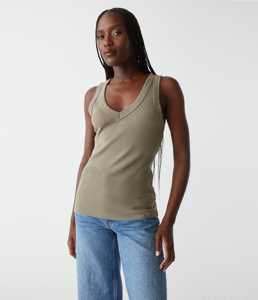 Maya V-Neck Tank in Olive Green Close Up View #OLIVE