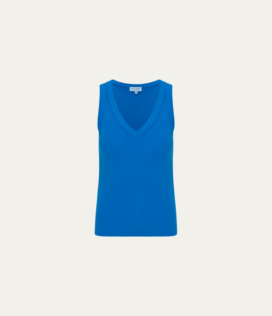 Maya V-Neck Tank in PACIFIC BLUE Close up View #PACIFIC