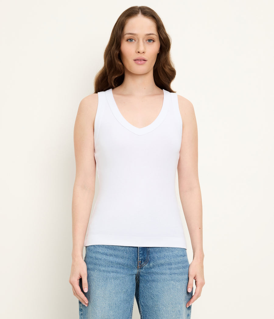 Maya V-Neck Tank in White Close Up View #WHITE