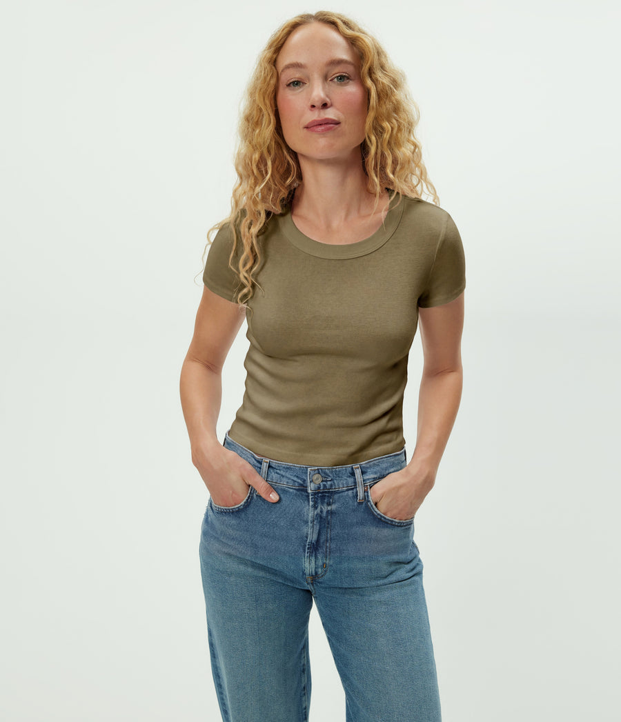 Mimi Cropped Tee in CAPER Green Close up View #CAPER