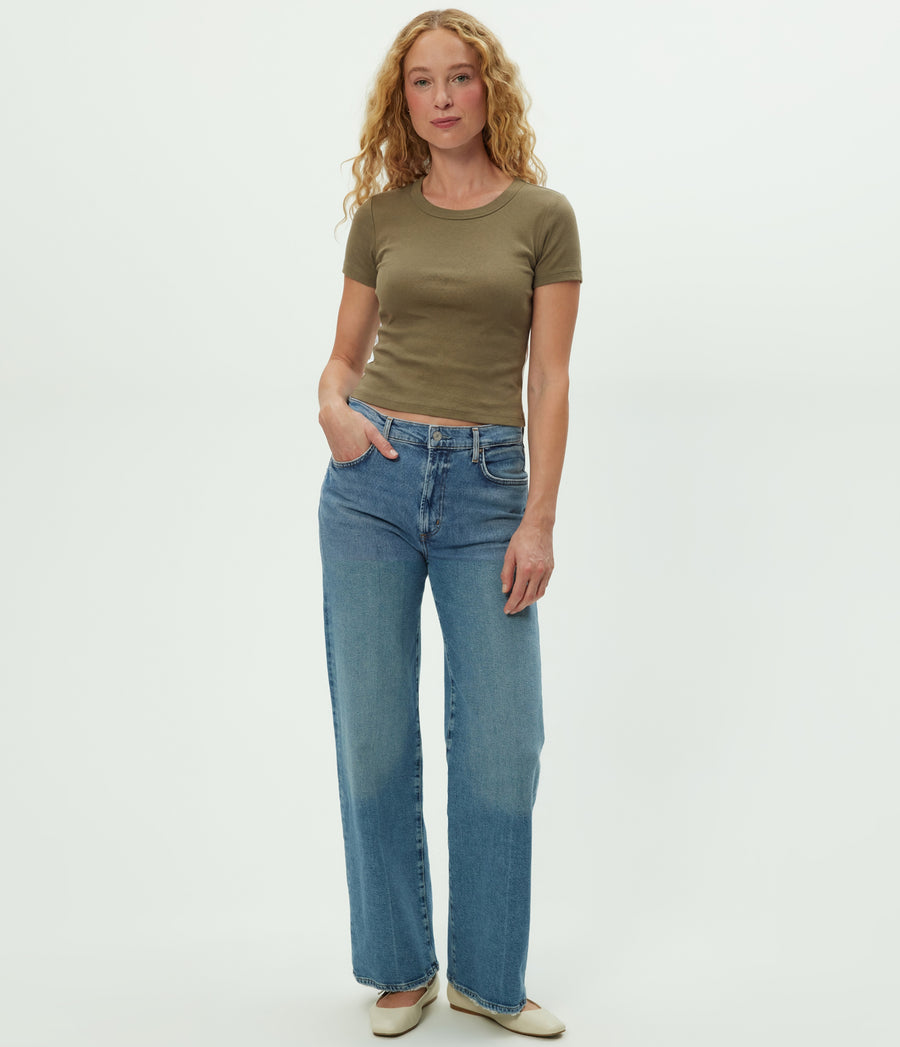 Mimi Cropped Tee in CAPER Green Full Body View #CAPER