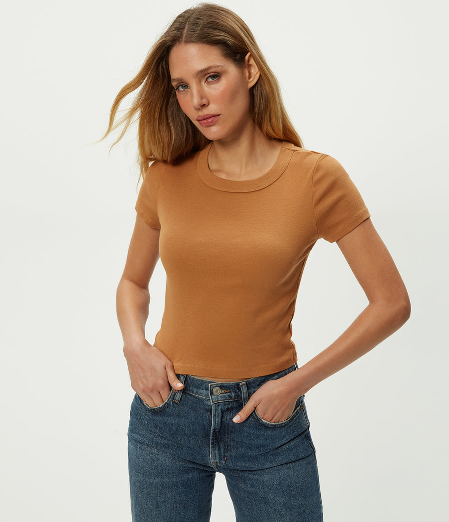 Mimi Cropped Tee in Cumin Brown Close Up View #CUMIN