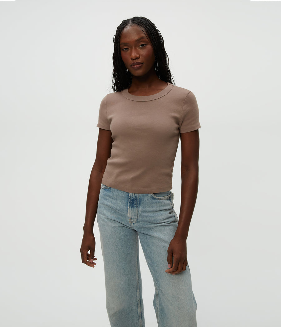 Mimi Cropped Tee in Cobblestone Brown Close Up View #COBBLESTONE