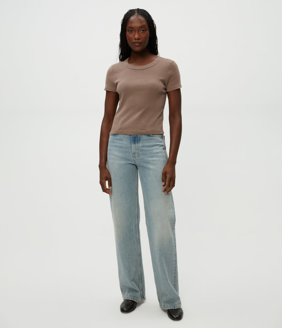Mimi Cropped Tee in Cobblestone Brown Full Body View #COBBLESTONE