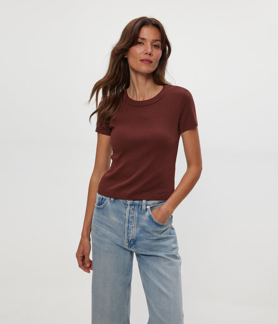 Mimi Cropped Tee in ESPRESSO Brown Close Up View #ESPRESSO