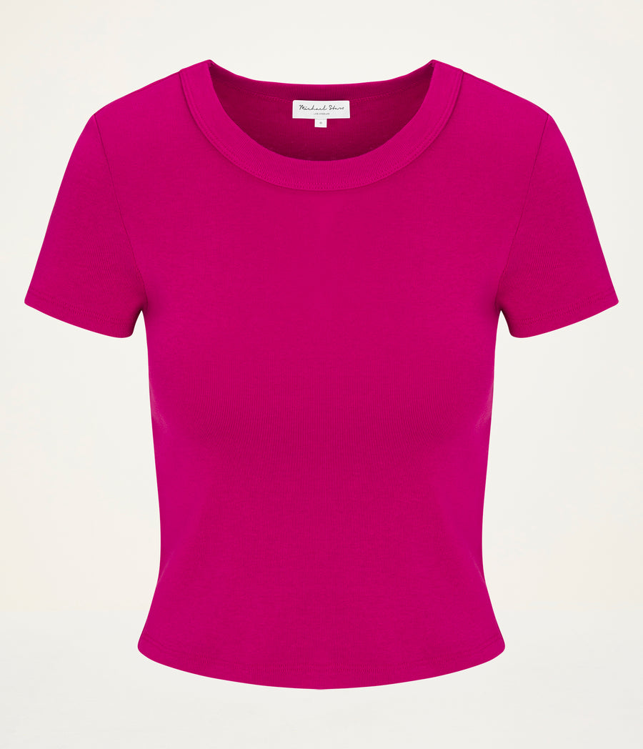 Mimi Cropped Tee in FRENCH ROSE RED Close Up View  #FRENCH ROSE