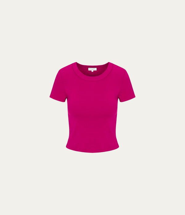Mimi Cropped Tee in FRENCH ROSE RED Close Up View  #FRENCH ROSE