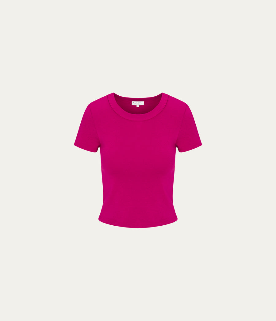 Mimi Cropped Tee in FRENCH ROSE RED Close Up View  #FRENCH ROSE