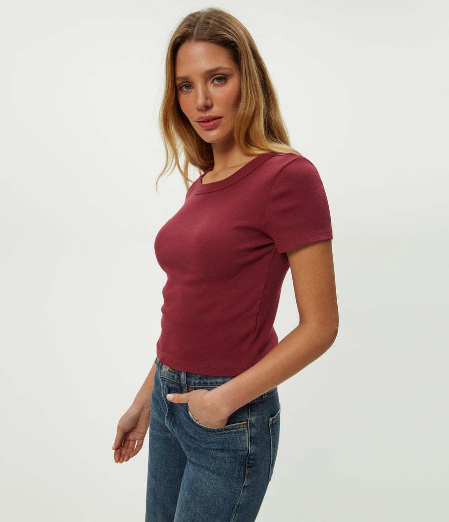 Mimi Cropped Tee in Garnet Red Close Up View #GARNET