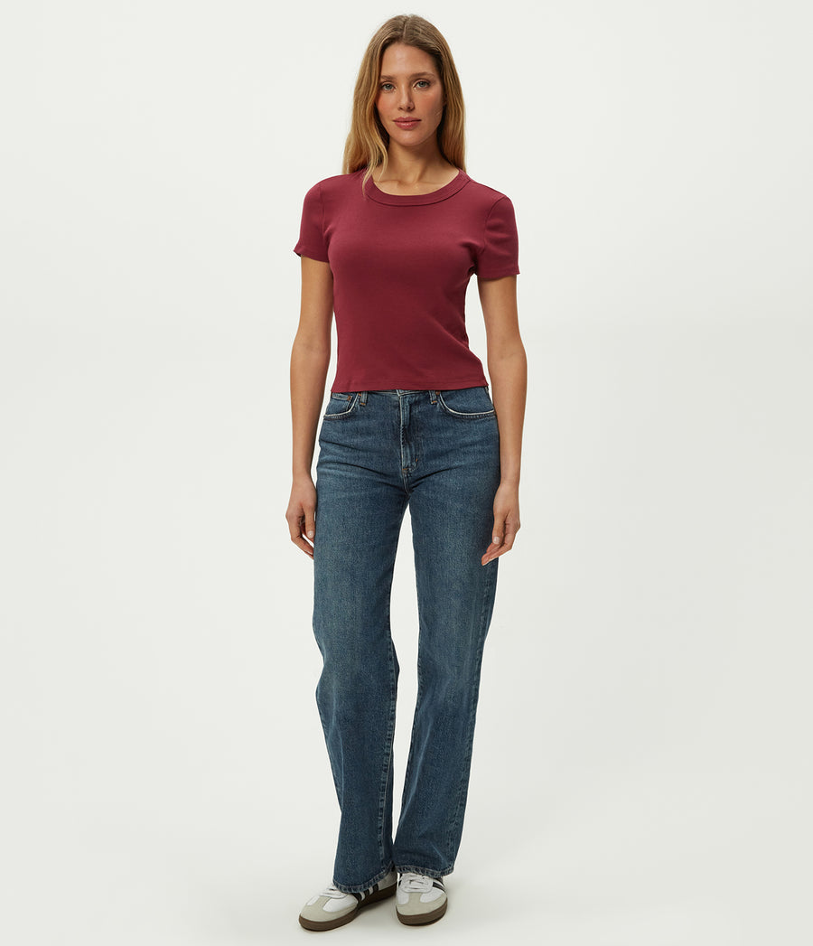 Mimi Cropped Tee in Garnet Red Full Body View #GARNET