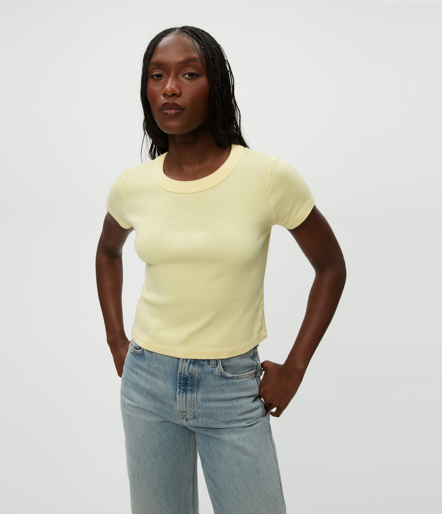 Mimi Cropped Tee in Lemonade Yellow Close Up View #LEMONADE