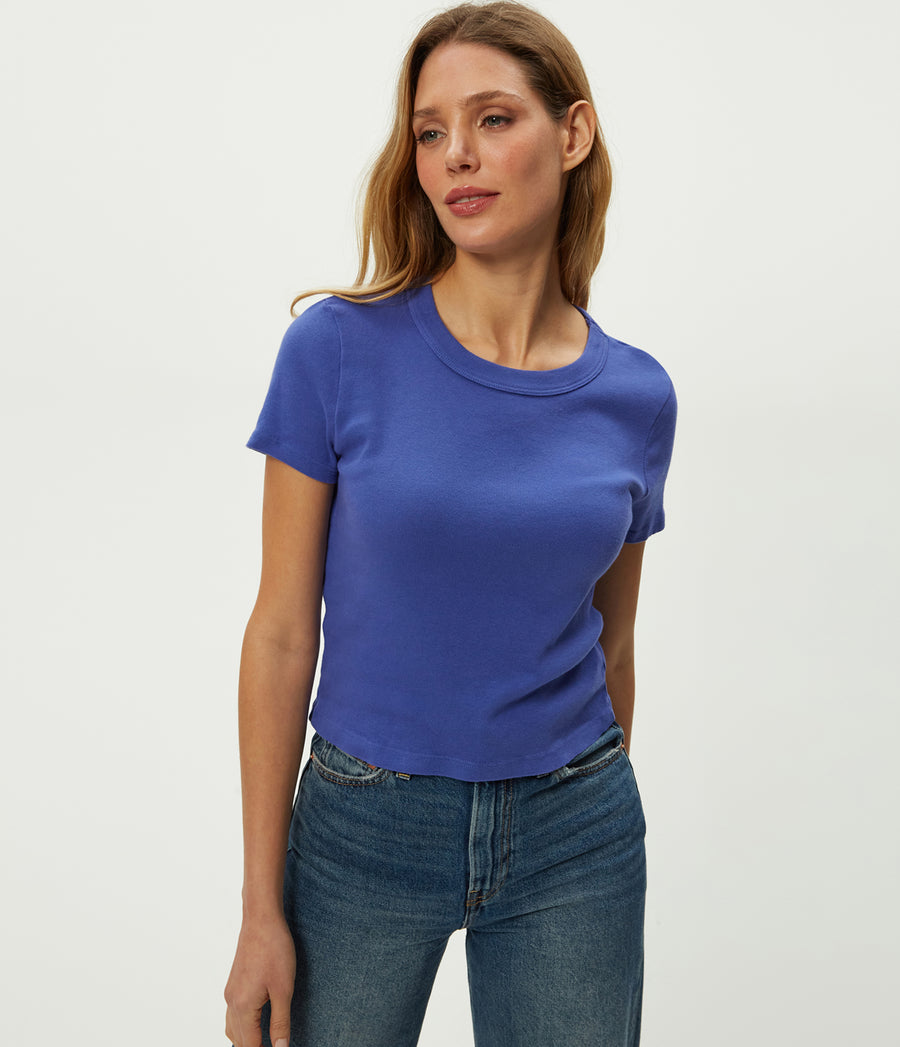 Mimi Cropped Tee in Lapis Blue Close Up View #LAPIS