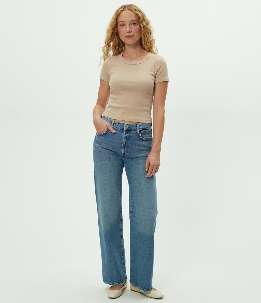 Mimi Cropped Tee in  MACADAMIA Beige Full Body View #MACADAMIA