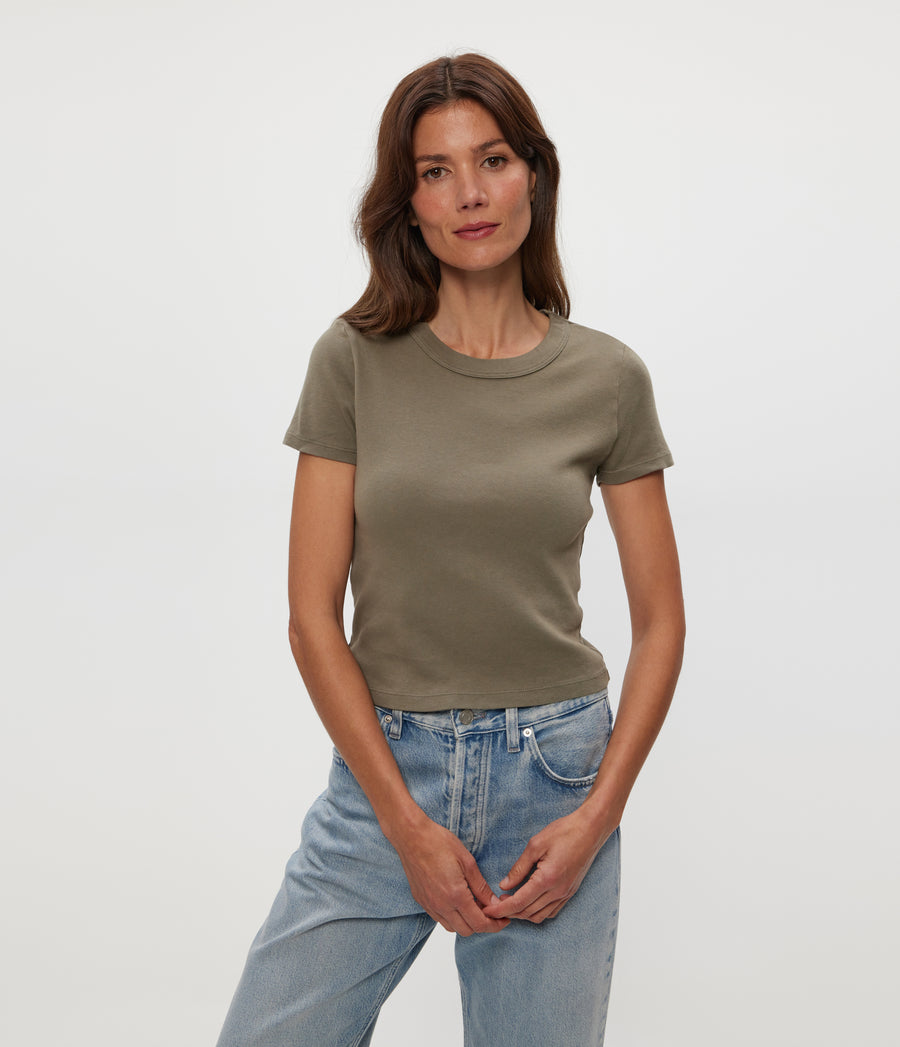 Mimi Cropped Tee in Olive Green Close Up View #OLIVE