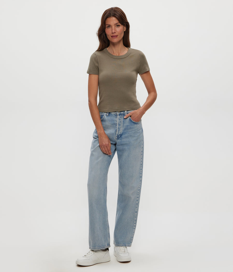 Mimi Cropped Tee in Olive Green Full Body View #OLIVE