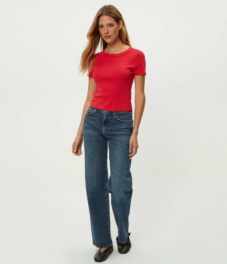 Mimi Cropped Tee in POPPY RED Combo Full Body View #POPPY