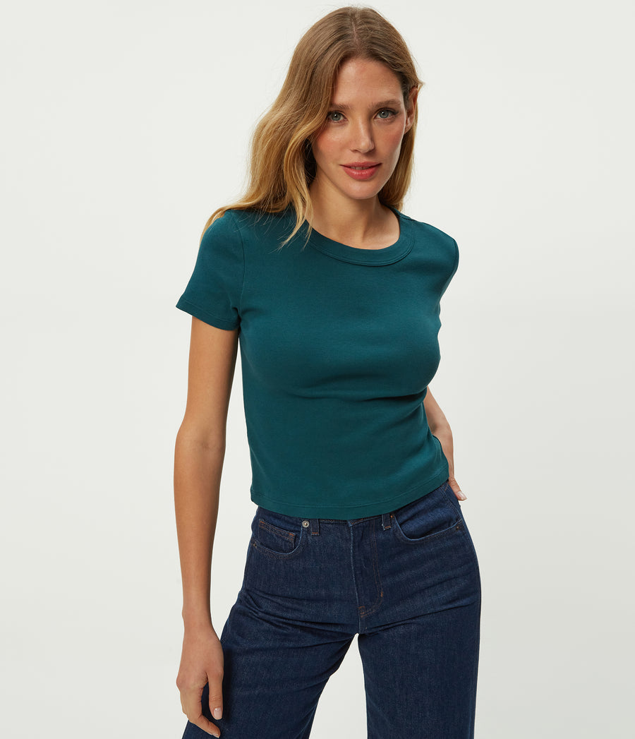 Mimi Cropped Tee in RAINFOREST BLUE Combo Close up View #RAINFOREST