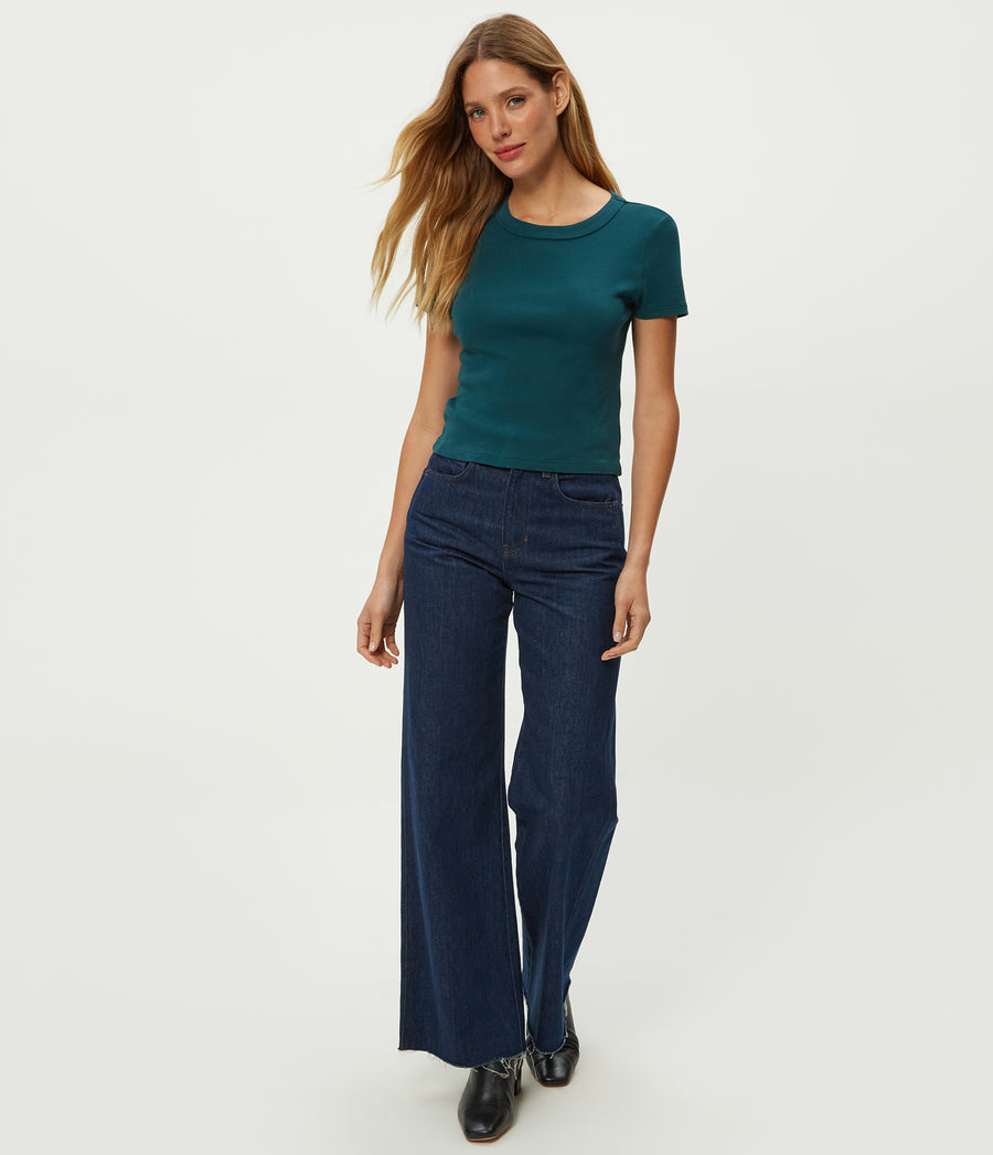 Mimi Cropped Tee in RAINFOREST BLUE Combo Full Body View #RAINFOREST