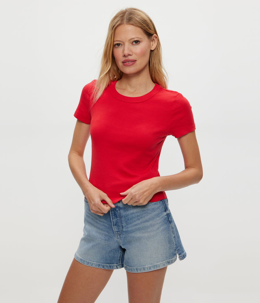 Mimi Cropped Tee in Rumba Red Close Up View #RUMBA