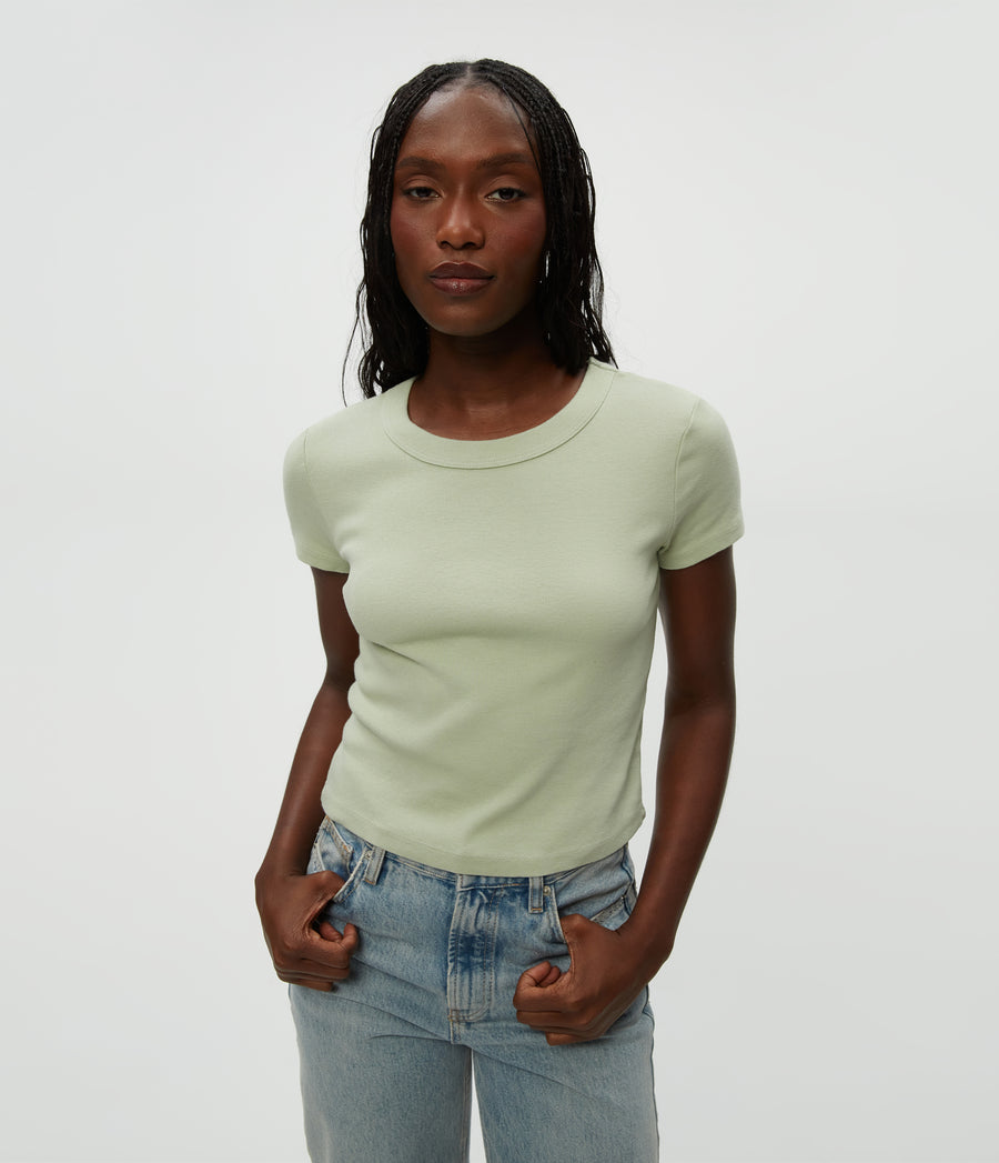 Mimi Cropped Tee in Seacrest Green Close Up View #SEACREST