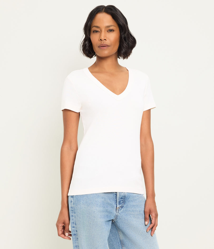 Nikki V-Neck Tee in Chalk White Side View #CHALK
