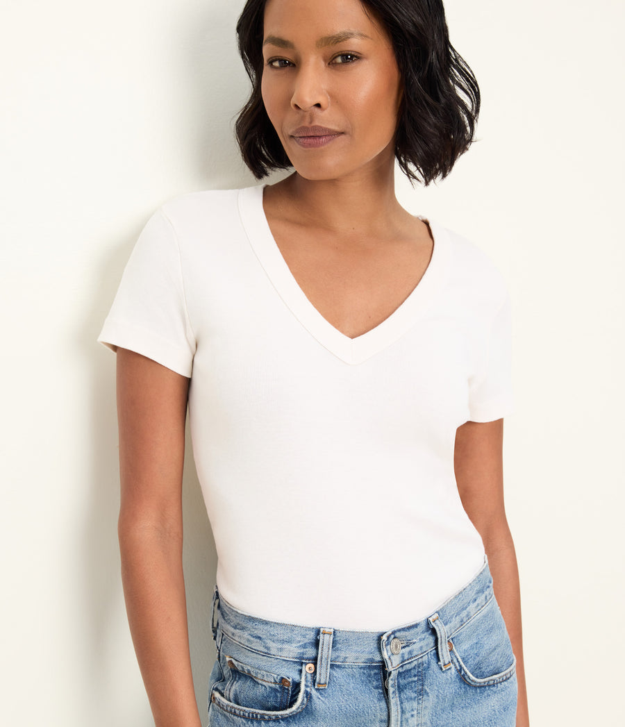 Nikki V-Neck Tee in Chalk White Close Up View #CHALK