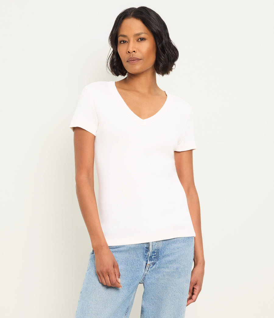 Nikki V-Neck Tee in Chalk White Full Body View #CHALK