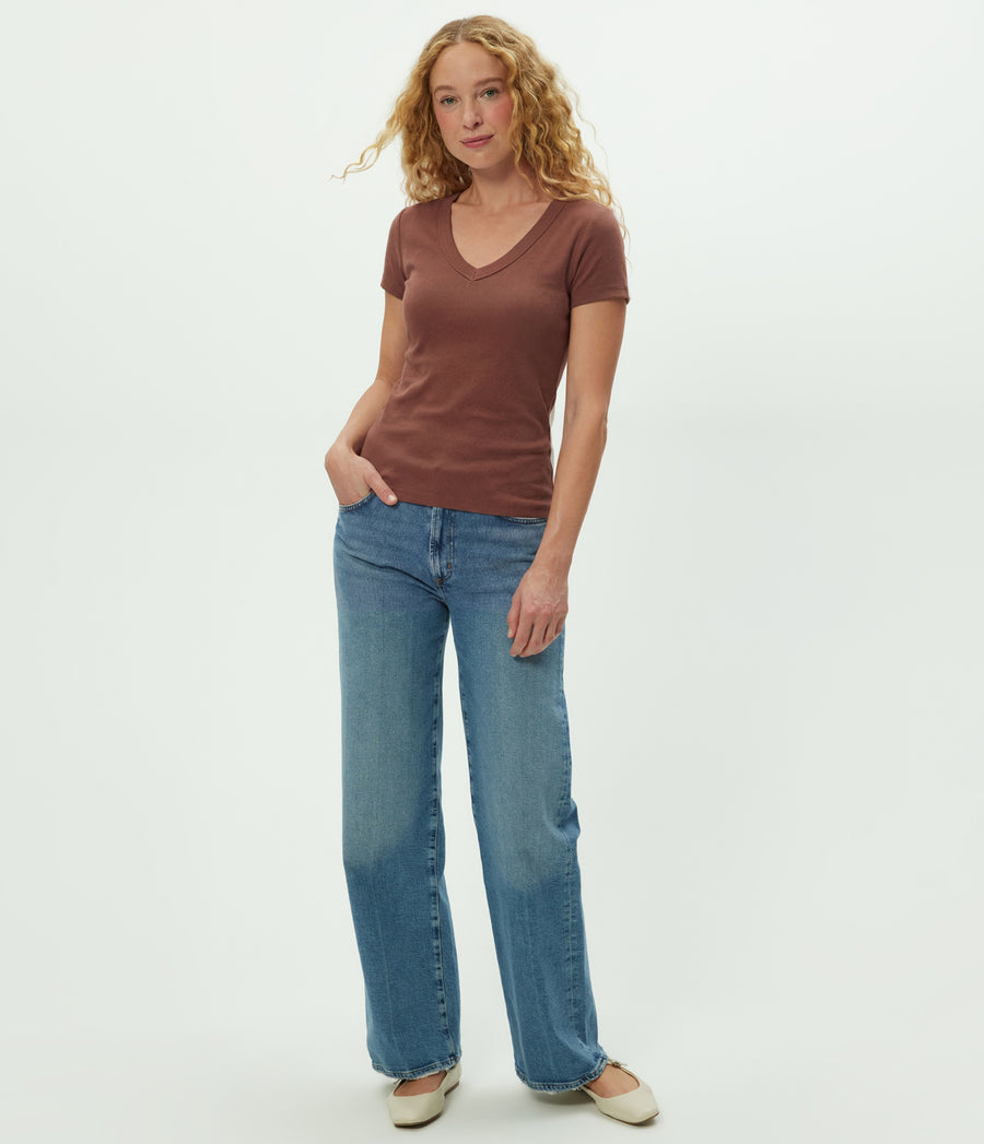 Nikki V-Neck Tee in BARK BROWN Full Body View #BARK