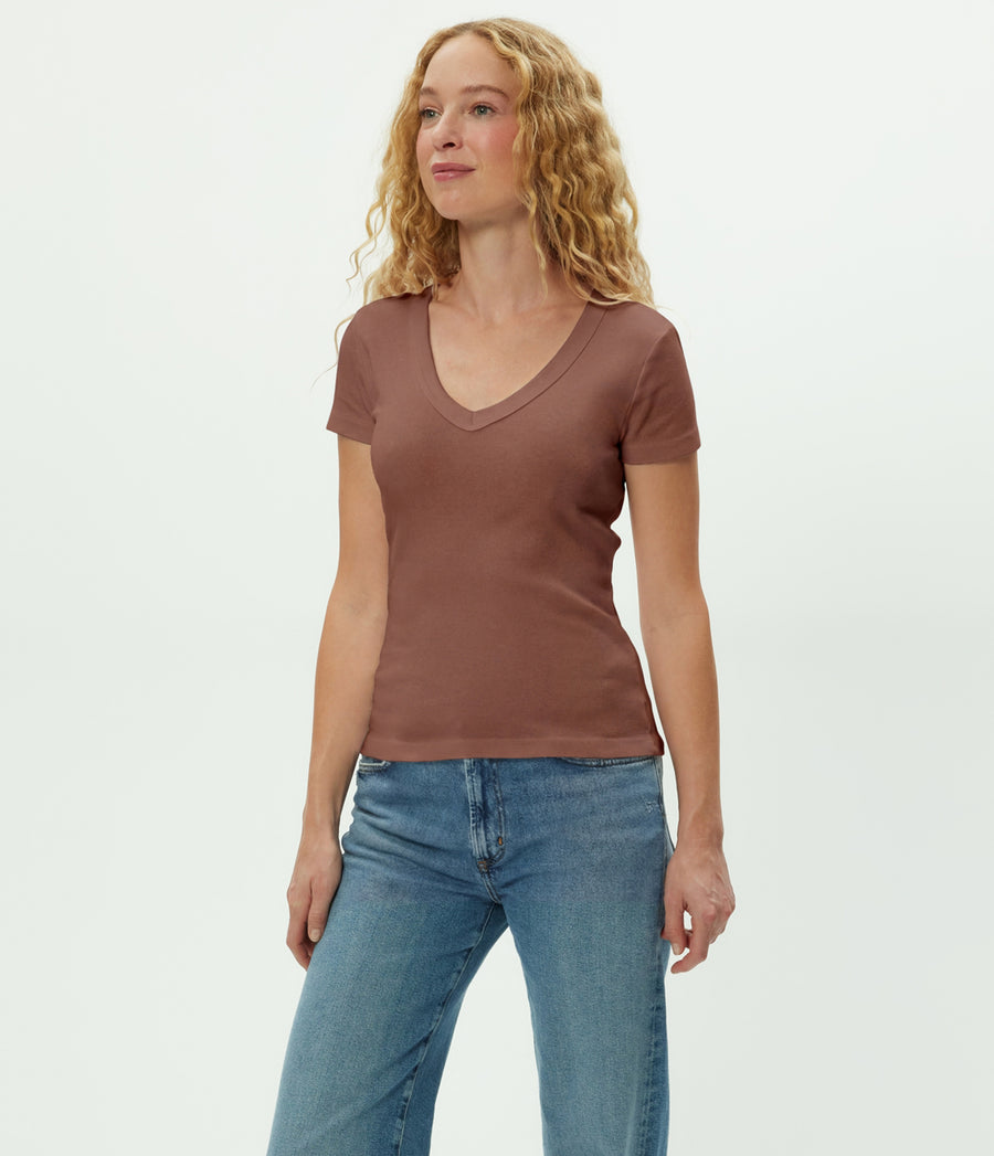 Nikki V-Neck Tee in Bark Brown Side View #BARK