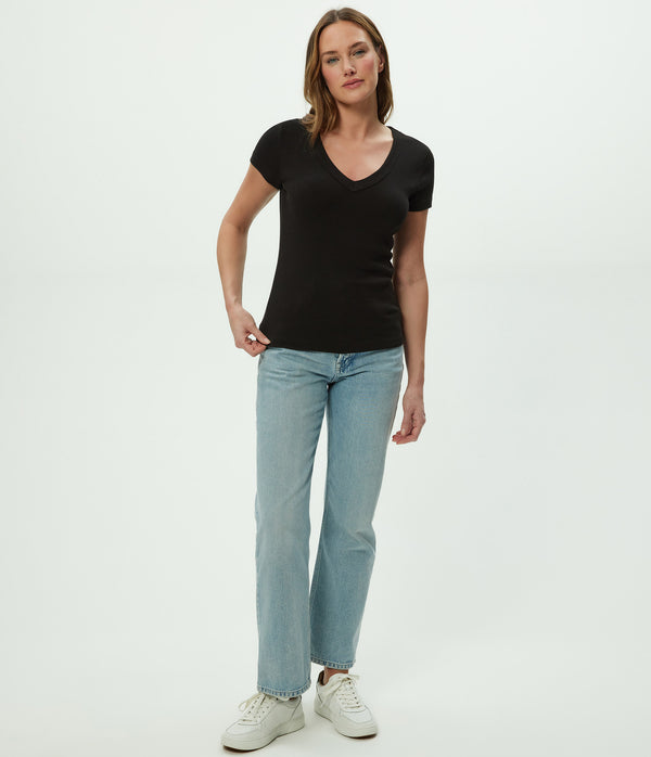 Nikki V-Neck Tee in Black Full Body View #BLACK