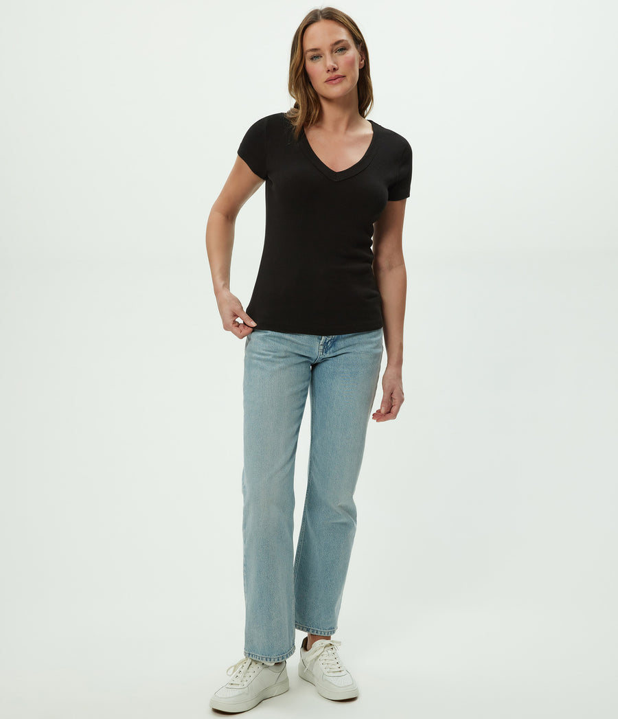 Nikki V-Neck Tee in Black Full Body View #BLACK