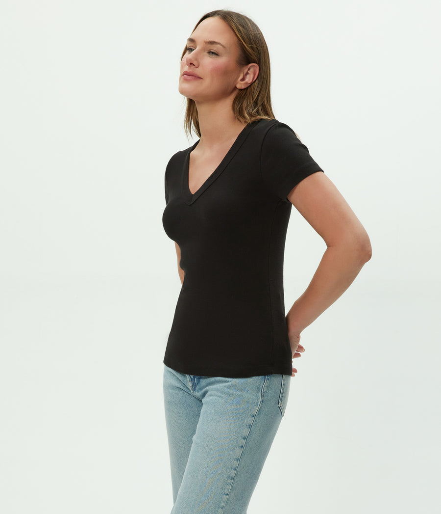 Nikki V-Neck Tee in Black Side View #BLACK