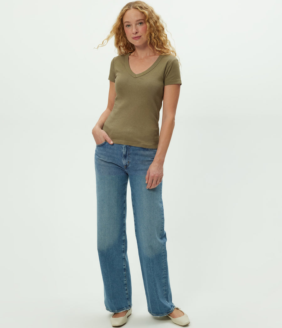 Nikki V-Neck Tee in CAPER Green Full Body View #CAPER