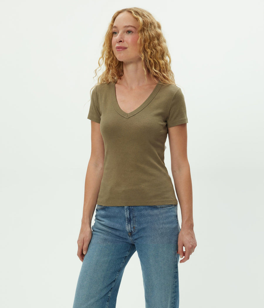 Nikki V-Neck Tee in CAPER  Green Side View #CAPER