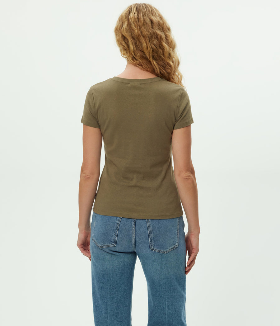 Nikki V-Neck Tee in CAPER Green Back View #CAPER