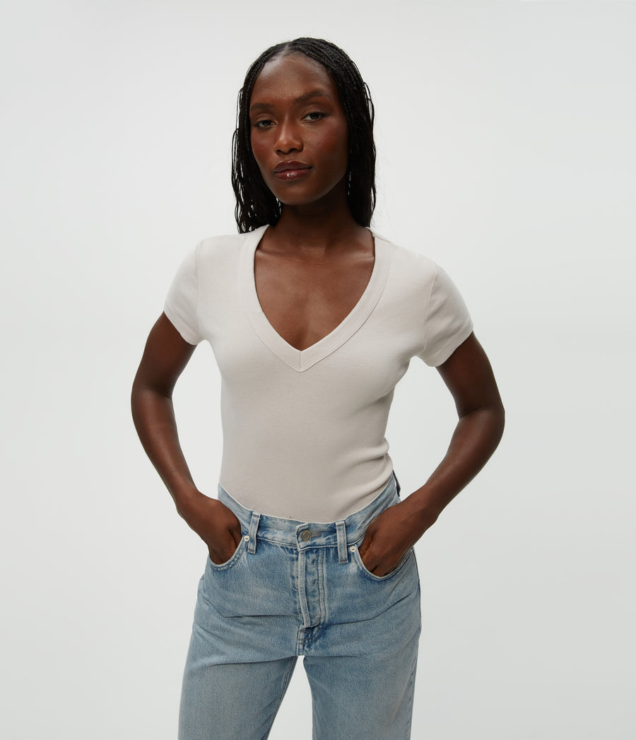 Nikki V-Neck Tee in Cement  Close Up View #CEMENT